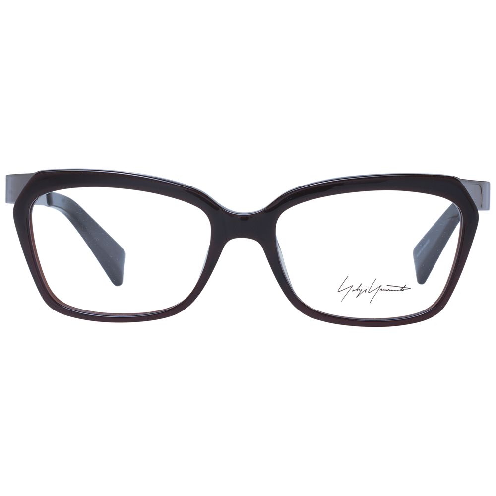 Yohji Yamamoto Brown Unisex Glasses Frame in acetate, full-rim rectangle style, with demo plastic lenses and branded soft case included.