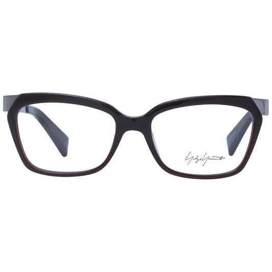 Yohji Yamamoto Brown Unisex Glasses Frame in acetate, full-rim rectangle style, with demo plastic lenses and branded soft case included.
