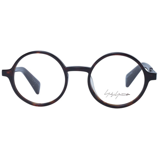 Yohji Yamamoto Brown Unisex Glasses Frame, full-rim acetate panto style with demo lenses 47-20-140, includes branded soft case.