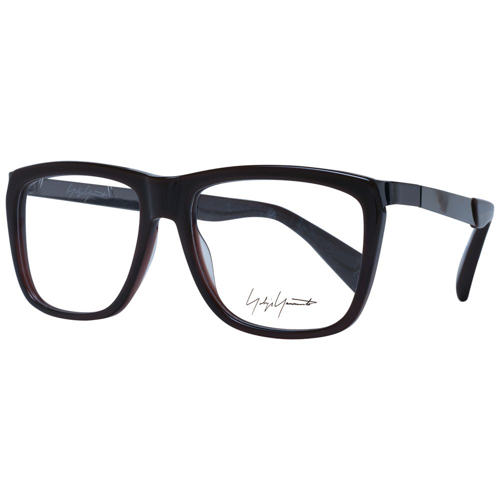 Yohji Yamamoto Brown Unisex Glasses Frame, full-rim acetate, square design with demo lenses and branded case.