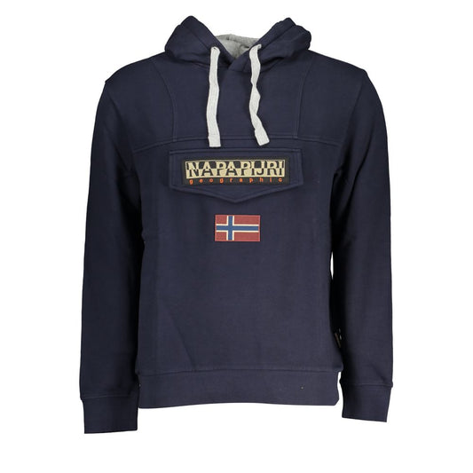 Napapijri Blue Cotton Men Sweater with logo and pocket, showcasing hooded design and soft brushed fabric, perfect for stylish comfort.