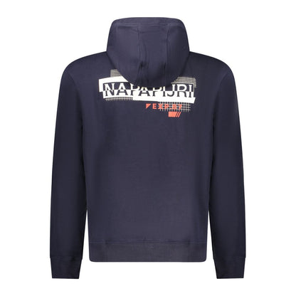 Back view of Napapijri Blue Cotton Men Sweater with logo print on the hood and back