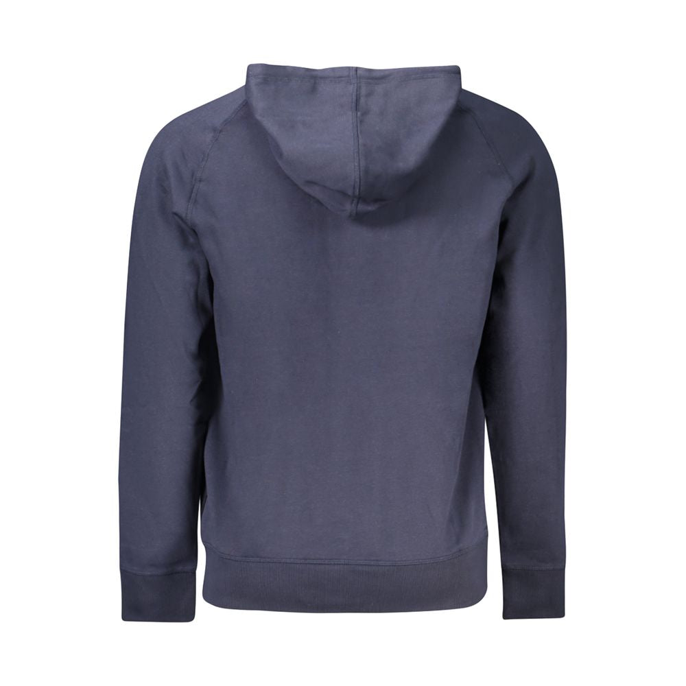 Back view of Timberland Blue Cotton Men Sweater showcasing hood and long sleeves.
