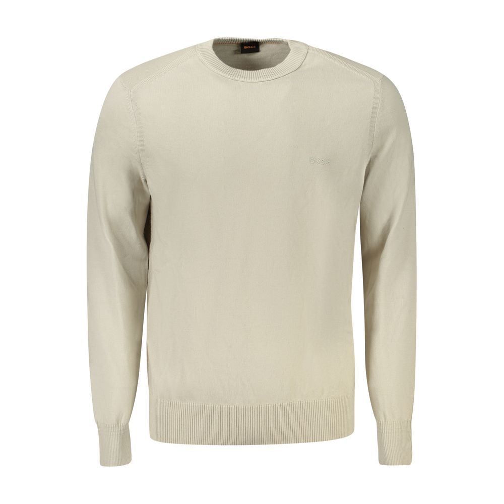 Hugo Boss Beige Cotton Sweater with Long Sleeves and Crew Neck, Featuring Embroidery and Logo