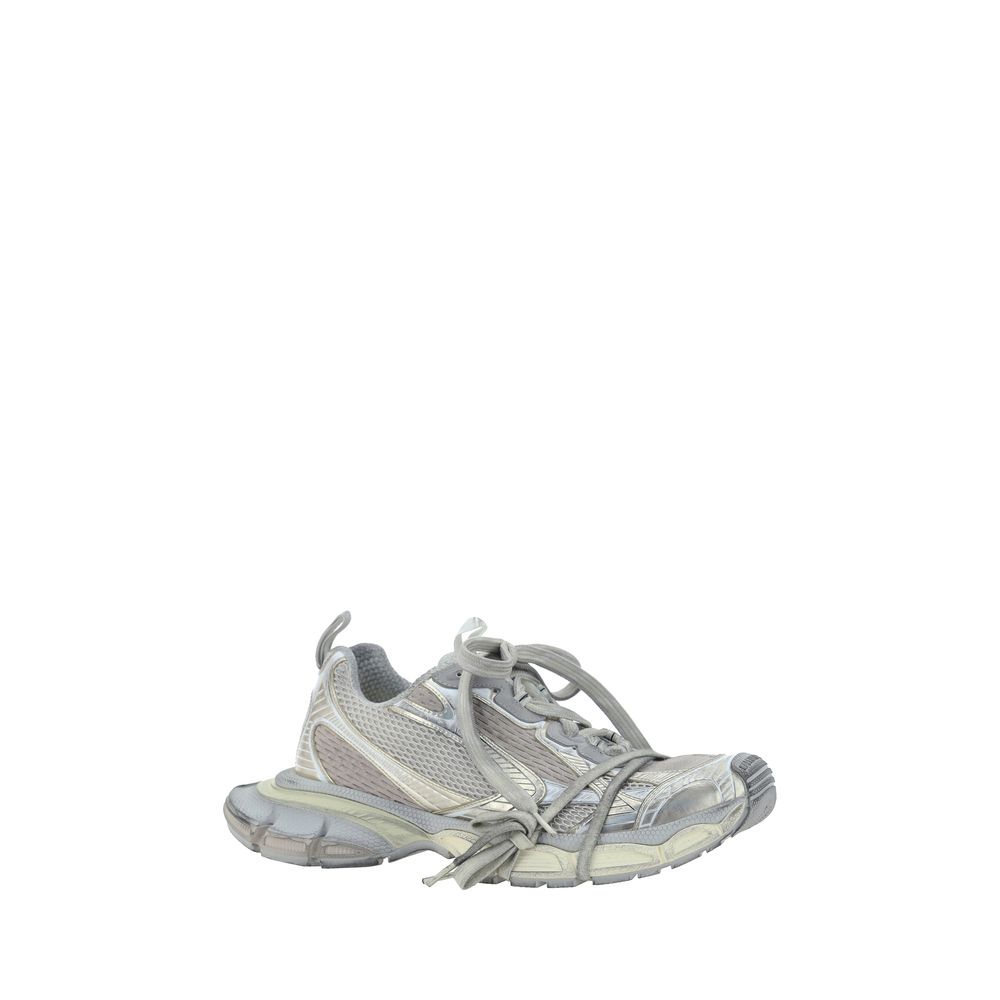 Balenciaga Gray Polyester Athletic Sneakers with chunky rubber sole, reflective details, and mesh panels, featuring multiple laces.