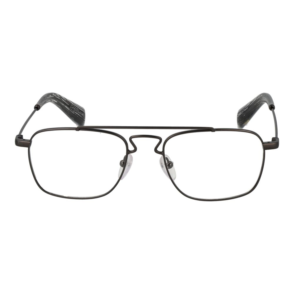 Yohji Yamamoto Gray Men Glasses Frame in gunmetal full-rim rectangle style with a frame width of 135mm, lenses width 51mm, and bridge width 18mm.