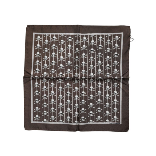 Dolce & Gabbana Brown Skull Silk Square Men Foulard Scarf