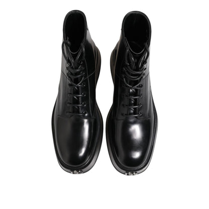 Dolce & Gabbana Black Leather Logo Ankle Boots Lace Up Shoes