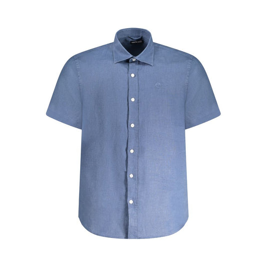 North Sails Blue Linen Shirt with short sleeves and Italian collar, features buttons and logo embroidery for an ocean positive style.