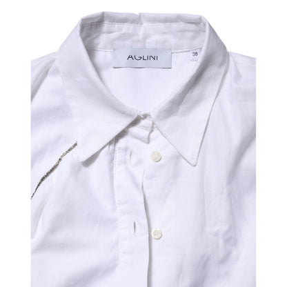 AGLINI White Cotton Collared Long Sleeves Ruffle Top Shirt
