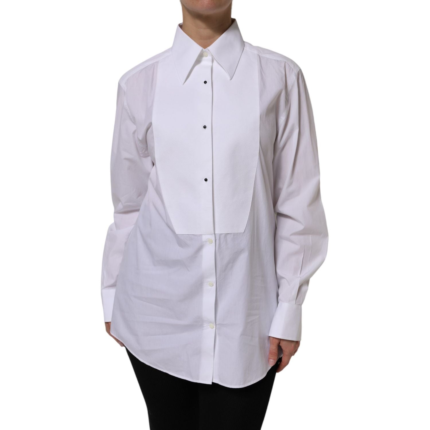 Dolce & Gabbana White Cotton Long Sleeves Collared Top Shirt