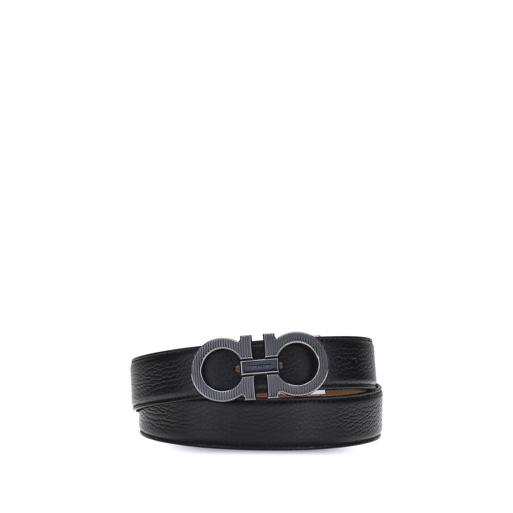 Ferragamo Black Calf Leather Bos Taurus Regular Belt with Gancini buckle and ruthenium finish