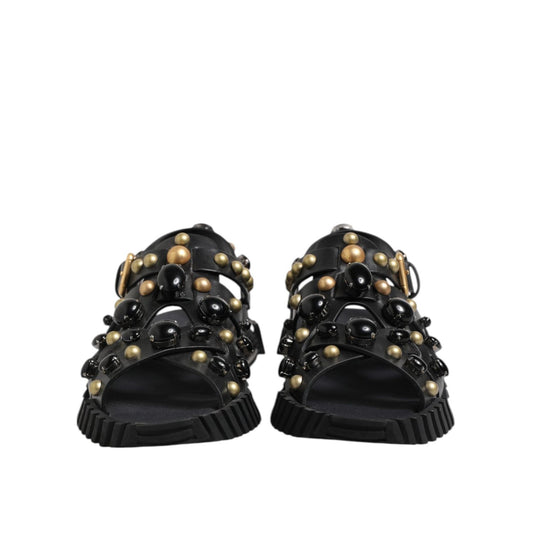 Dolce & Gabbana Black Leather Studded Ankle Strap Sandals Shoes MV7475-41
