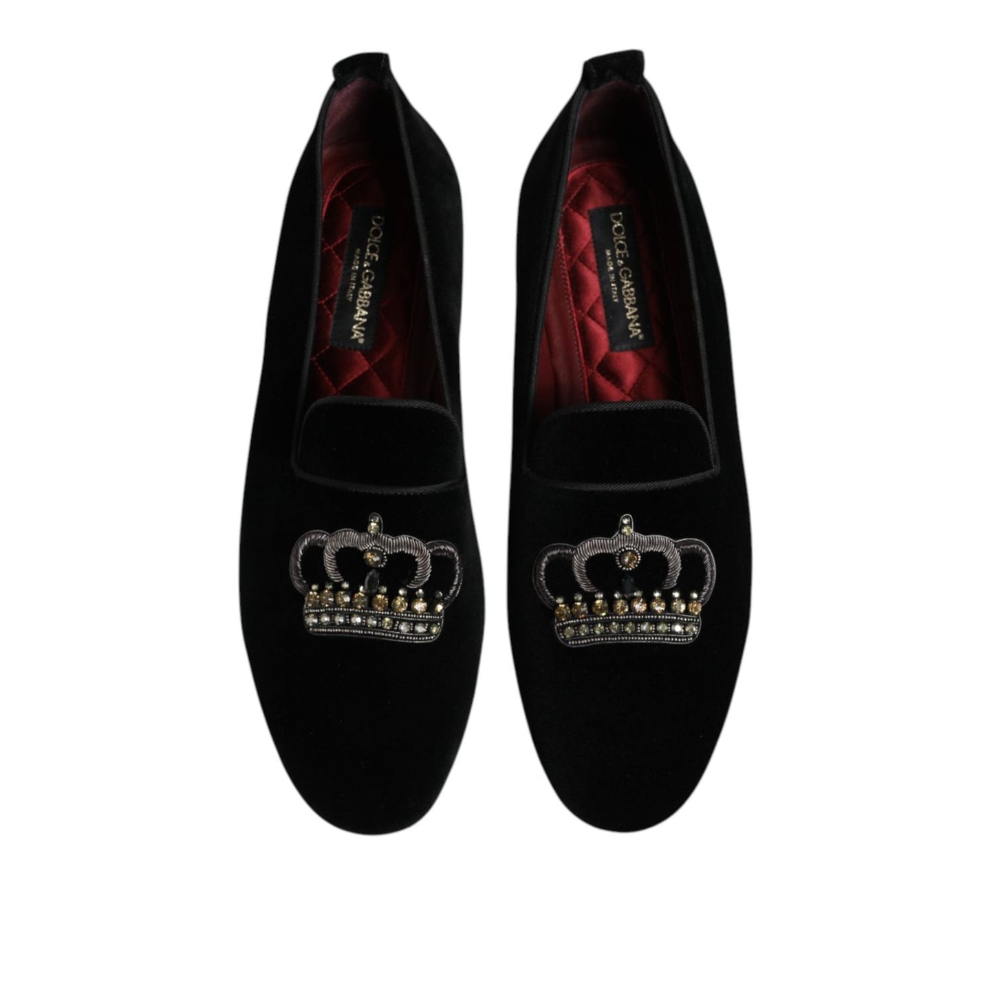 Dolce & Gabbana Black Velvet Crystal Crown Loafers Dress Shoes MV7513-44