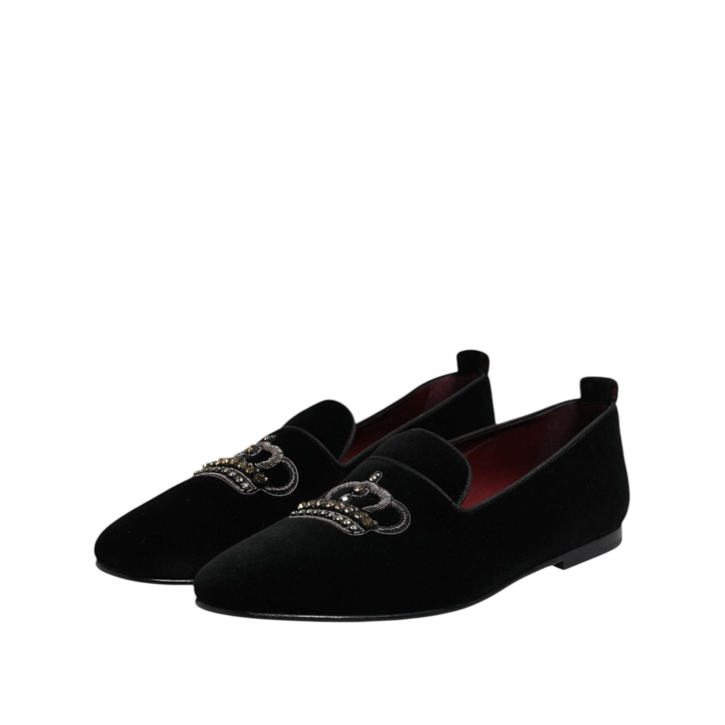 Dolce & Gabbana Black Velvet Crystal Crown Loafers Dress Shoes MV7513-44