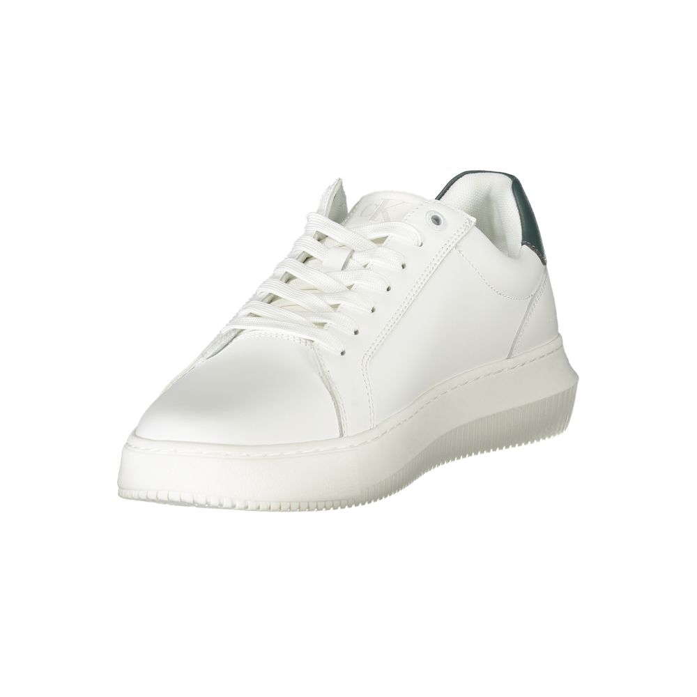 Calvin Klein White Leather Men Sneaker with green accents and logo, featuring comfortable removable insole, polyester and leather blend.