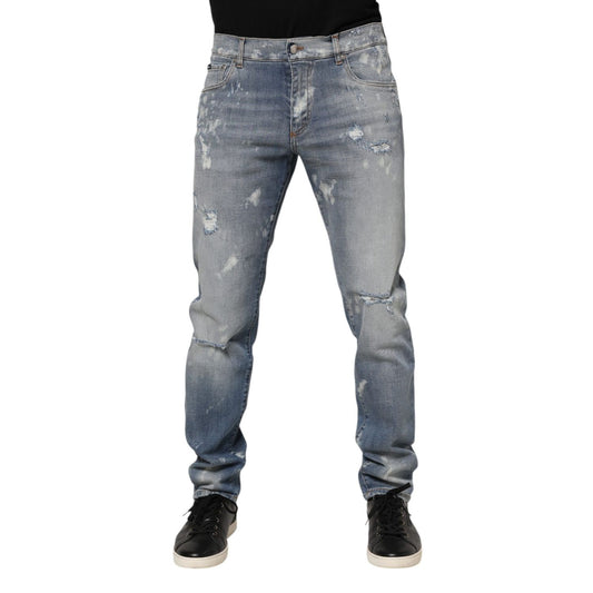 Dolce & Gabbana Blue Cotton Tattered Slim Fit Men Denim Jeans