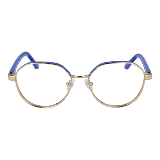 Guess Gold Women Glasses Frame with full-rim metal design and demo lenses, featuring a stylish round shape and spring hinge in gold.