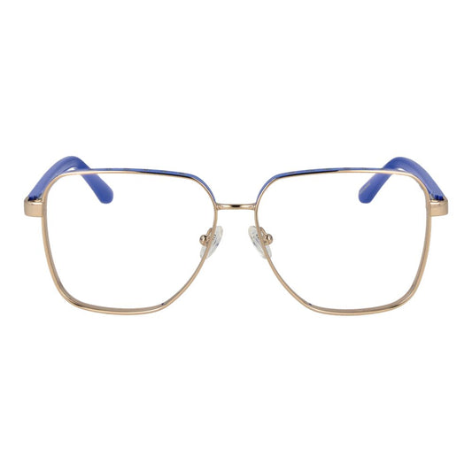 Guess Gold Women Glasses Frame, full-rim square style with metal gold frame and blue accents, includes branded case.