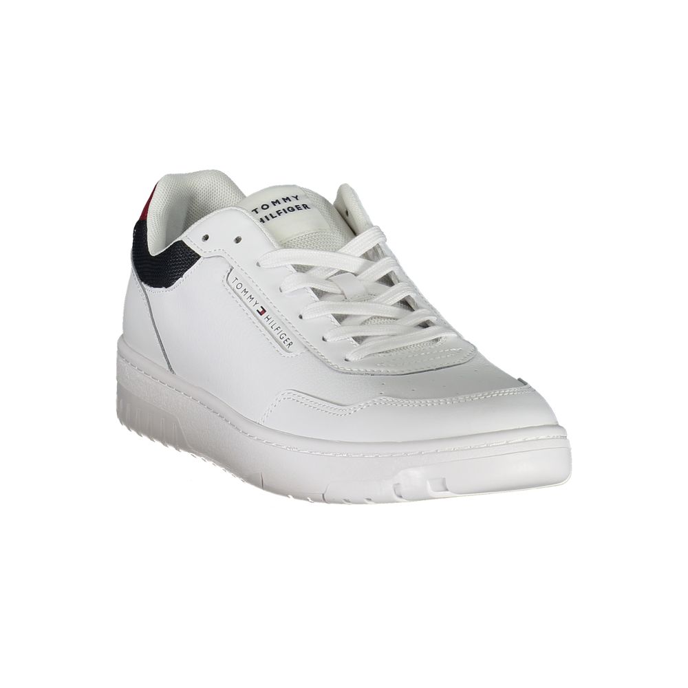 Tommy Hilfiger White Leather Sneaker with laces, removable insole, contrasting details, and logo print.