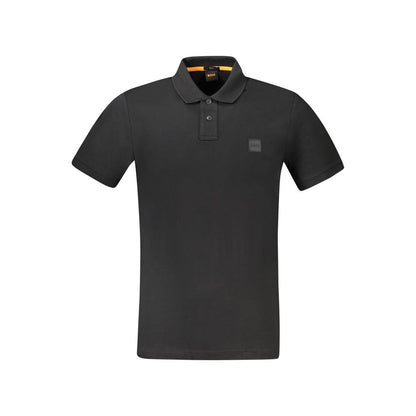 Hugo Boss Black Cotton Polo Shirt with short sleeves, slim fit design, two-button placket, with logo embroidery and application.