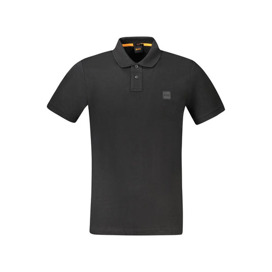 Hugo Boss Black Cotton Polo Shirt with short sleeves, slim fit design, two-button placket, with logo embroidery and application.