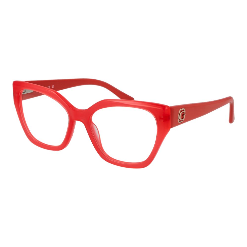 Guess Pink Women Glasses Frame in rose acetate with square full-rim style, demo lenses, and branded case.