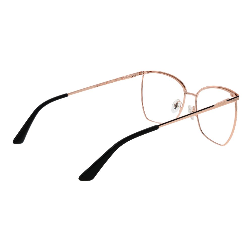 Guess Rose Gold Women Glasses Frame, full-rim cat-eye style with metal frame, demo lenses, and black temples, includes branded case.