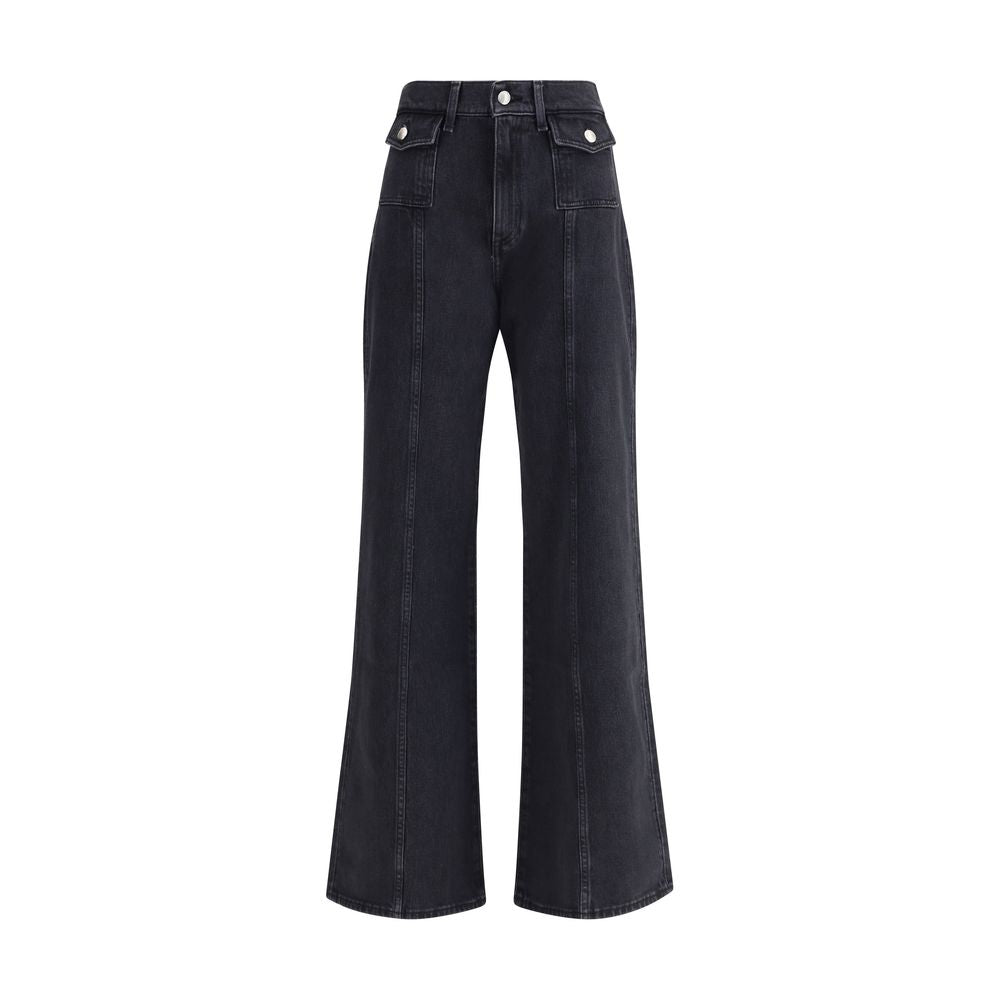 7FOR Black Cotton Jeans Denim featuring wide leg, high waist, front seam detail, and gold-trimmed flap pockets for stylish comfort.