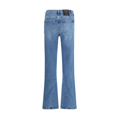 Back view of 7FOR Blue Cotton Flared Jeans with classic five-pocket design and shaping fit in Slim Illusion denim.