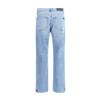 Back view of 7FOR Light Blue Cotton Straight-Leg Jeans, modern straight fit with belt loops, relaxed and polished look, 100% cotton.