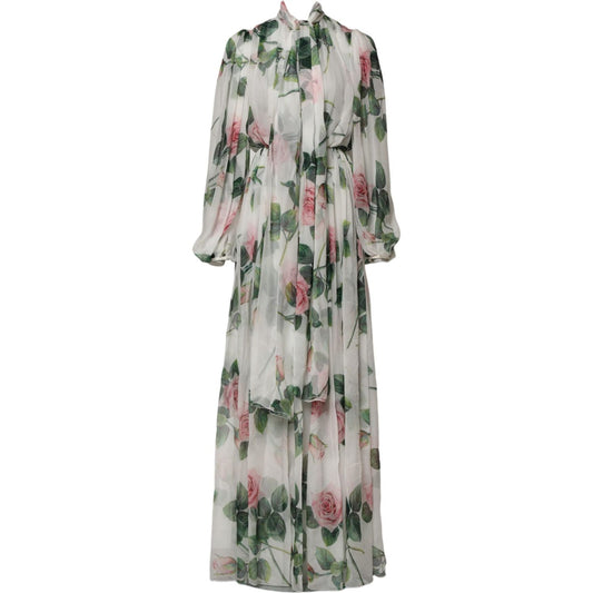 Dolce & Gabbana White Floral Roses Silk Maxi Long Gown Dress