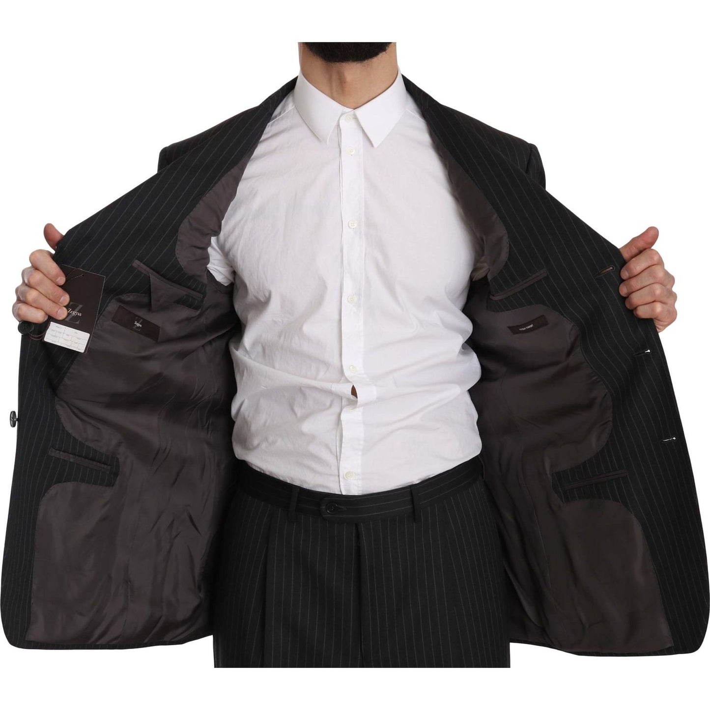 Z ZEGNA Black Striped Two Piece 3 Button 100% Wool Suit Suit