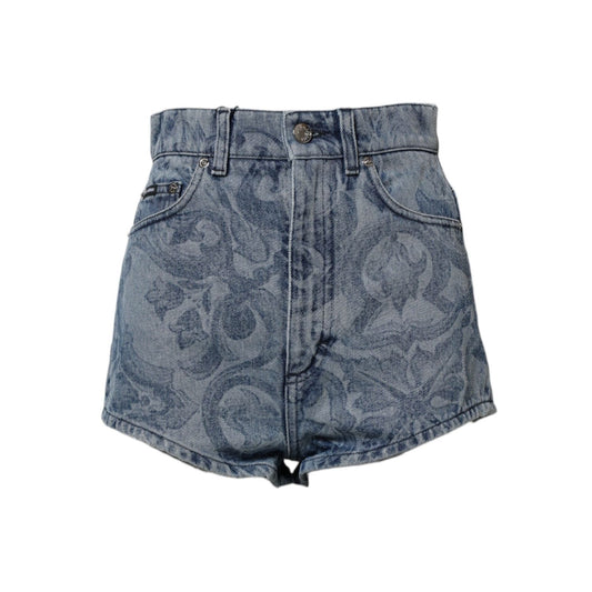 Dolce & Gabbana Blue Floral Print Denim Cotton Hot Pants Shorts