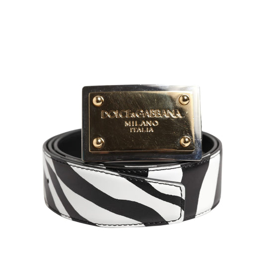 Dolce & Gabbana Black White Zebra Gold Metal Logo Buckle Belt