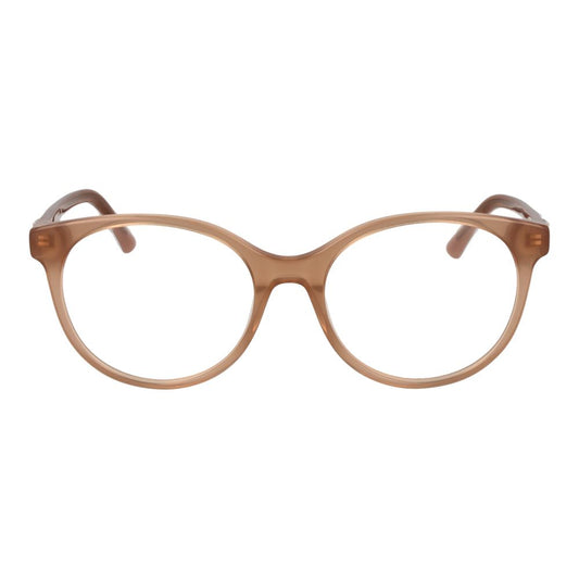 Guess Beige Women Glasses Frame in acetate, full-rim round style with demo lenses, size 55-18-140, includes branded case.