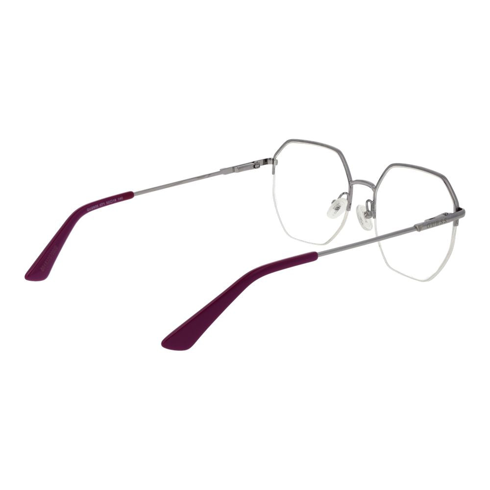Hexagonal silver glasses with purple temples designed for women, featuring a stylish metal frame and modern half-rim style.