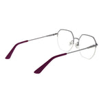 Hexagonal silver glasses with purple temples designed for women, featuring a stylish metal frame and modern half-rim style.
