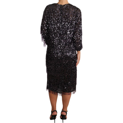 Dolce & Gabbana Black Sequined Long Sleeve Shift Midi Dress