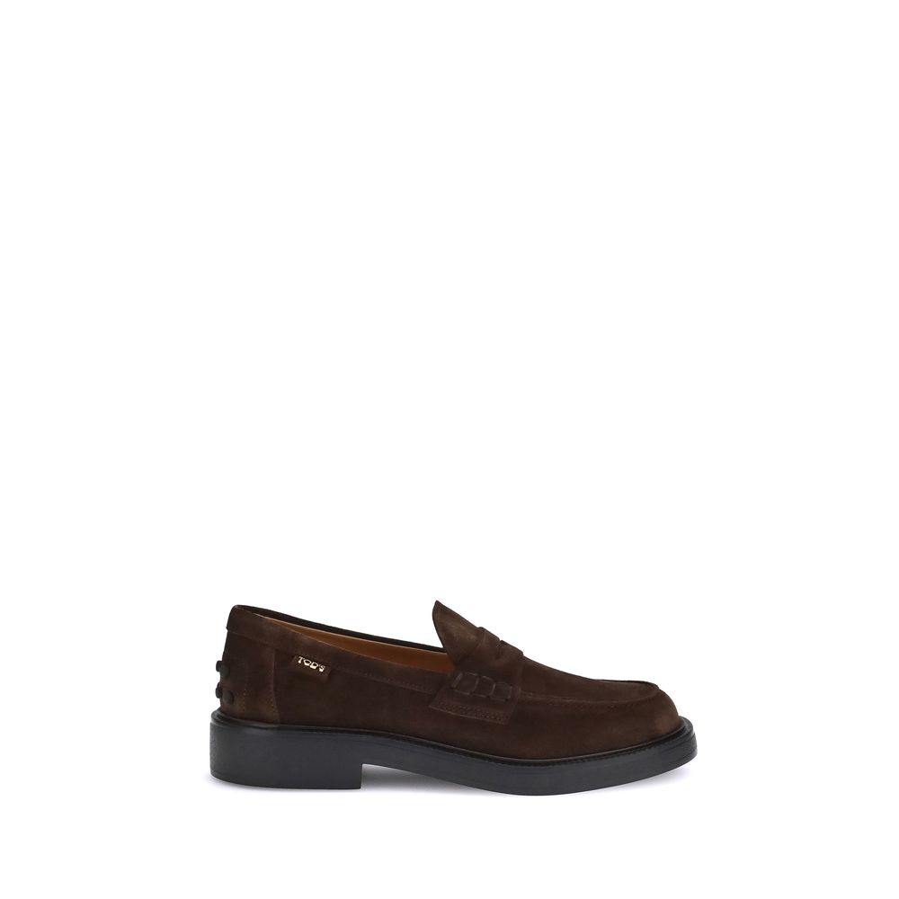 Tod's Brown Rubber Slip-On Loafers with suede finish and hand-stitched details, showcasing side logo and iconic pebble sole for comfort.