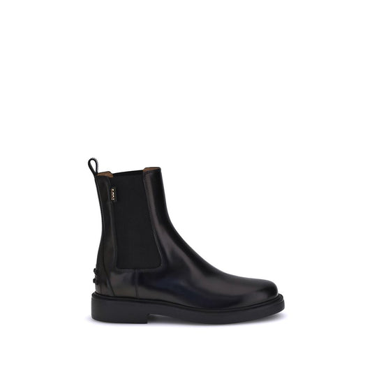 Tod's Black Calf Leather Bos Taurus Chelsea Boots with elastic inserts and embossed pebble rubber sole.