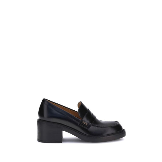 Tod's Black Calf Leather Bos Taurus Platform Loafers with chunky heel, elegant slip-on design, and round toe for versatile style.