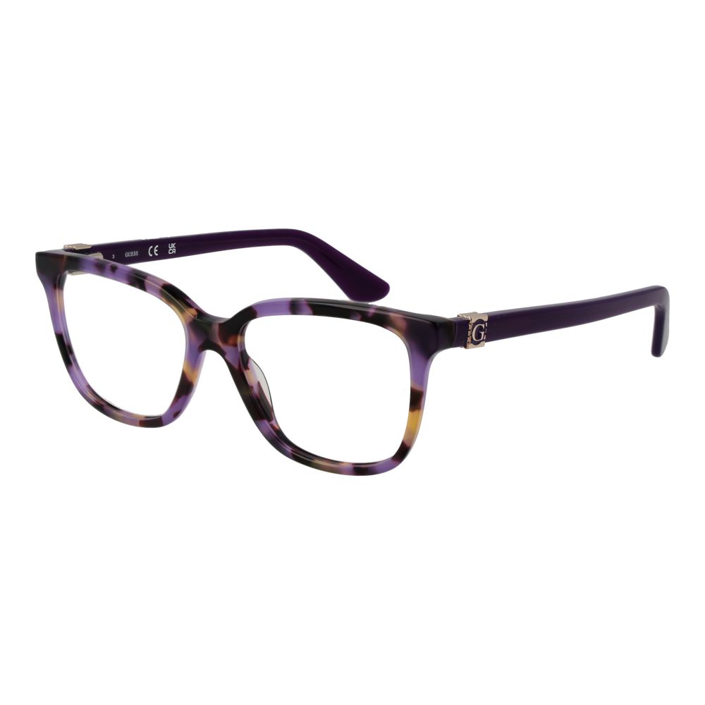 Guess Purple Women Glasses Frame with full-rim rectangle style and plastic demo lenses, featuring spring hinge, purple plastic frame.