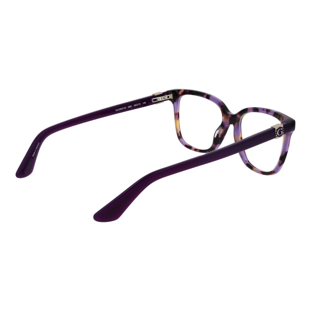 Guess Purple Women Glasses Frame, full-rim rectangle style with plastic material and spring hinge, showcasing the sleek purple design.