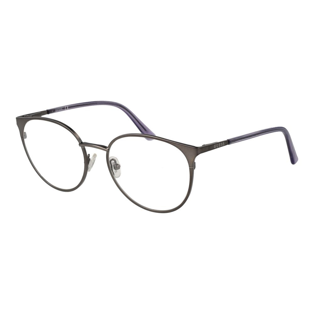 Guess Silver Women Glasses Frame with round full-rim design, silver metal, demo lenses, and spring hinge, ideal for stylish eyewear.