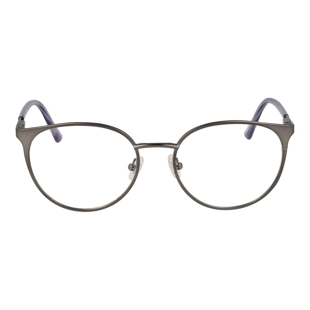 Guess Silver Women Glasses Frame, full-rim metal round eyeglasses with demo lenses in silver, spring hinge, includes branded case.