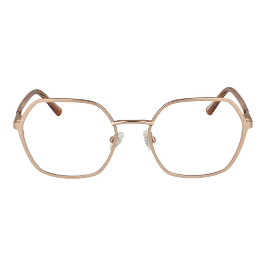 Guess Gold Women Glasses Frame, square full-rim metal frame with demo lenses, gold, size 53-19-140, includes branded case.