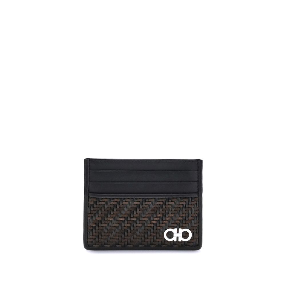 Ferragamo Black Calf Leather Bos Taurus Wallet with palladium-finish Gancini ornament and woven calfskin design for AW25.