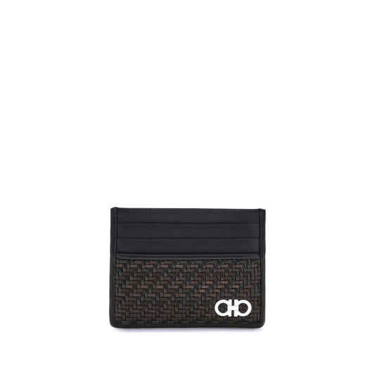 Ferragamo Black Calf Leather Bos Taurus Wallet with palladium-finish Gancini ornament and woven calfskin design for AW25.