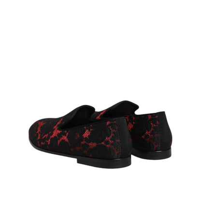 Dolce & Gabbana Red Black Jacquard Slip On Men Loafers Shoes